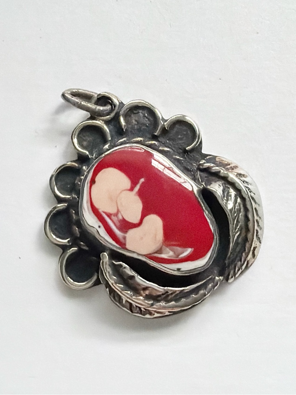 Vintage Southwestern Signed Red Cream Sterling Silver Pendant